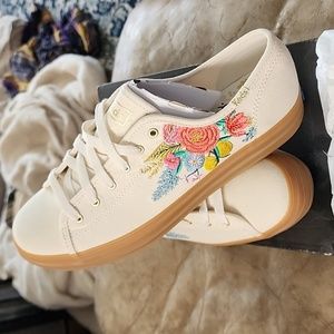 Womens beige colorful flower embroidered Keds Rifle Paper Co. sneakers